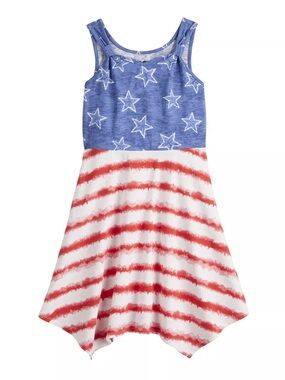 SO Girls Red White and Blue Star Striped Handkerchief Hem Dress size 14/16